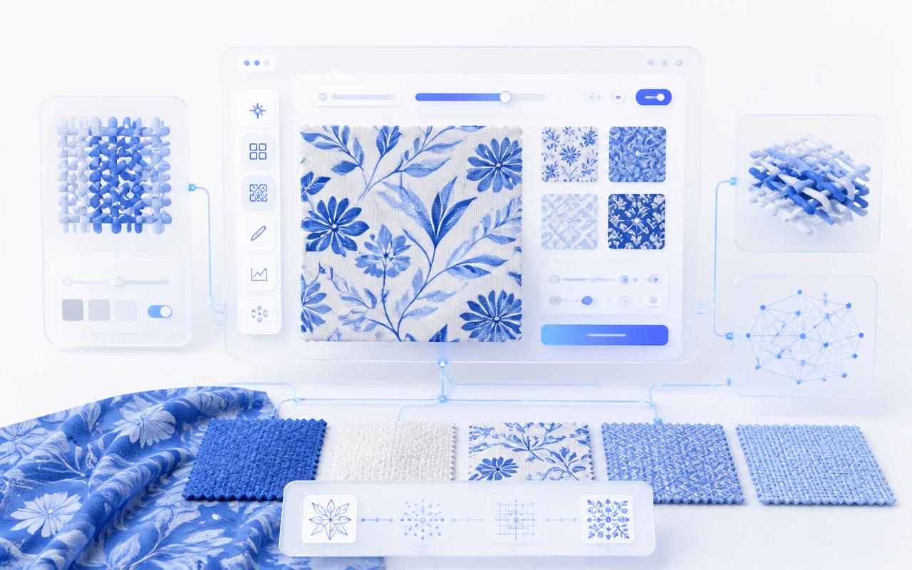 AI Fabric Designer — premium AI textile workspace illustration