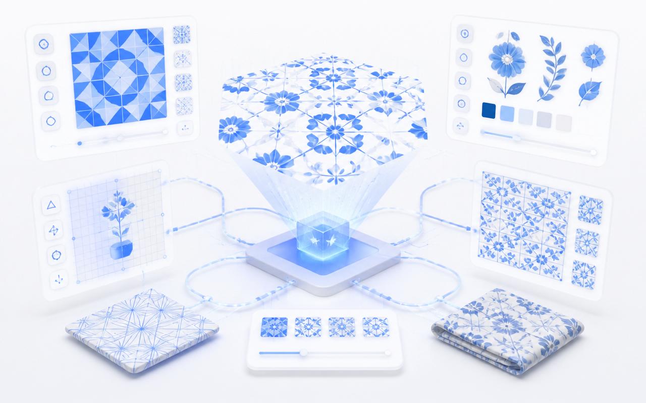 AI Pattern Generator — premium AI textile workspace illustration