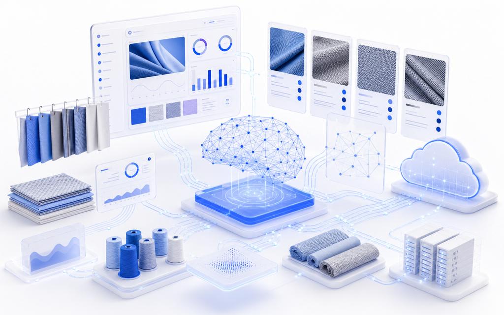 AI-powered textile platform with floating dashboards and neural network connections