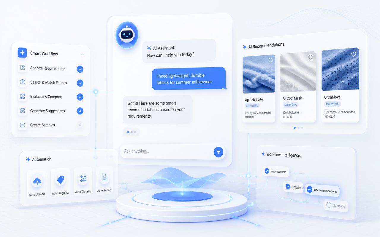 AI Assistant — benefits illustration showing faster, higher-quality, data-driven textile workflows
