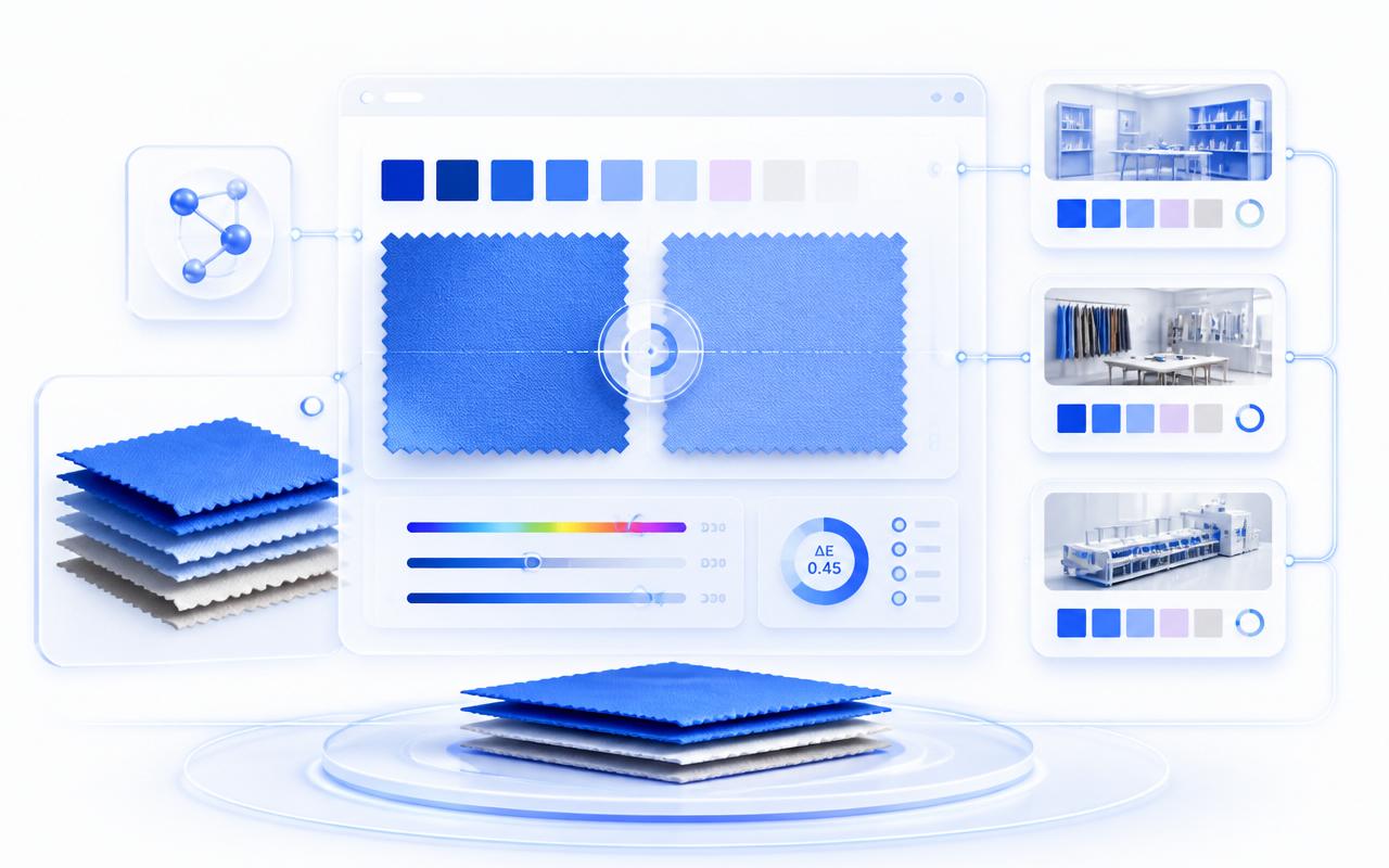 AI Color Matching — benefits illustration showing faster, higher-quality, data-driven textile workflows