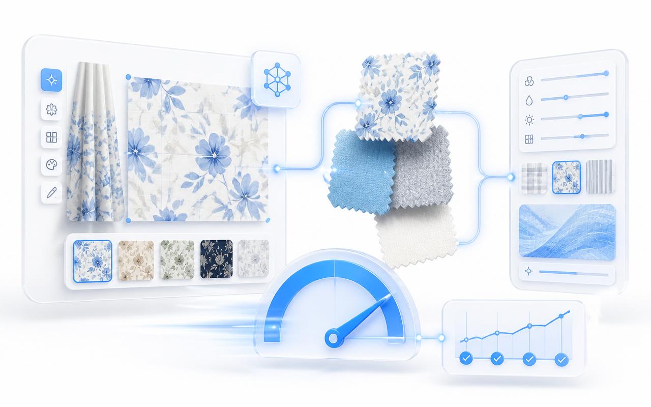 AI Fabric Designer — benefits illustration showing faster, higher-quality, data-driven textile workflows