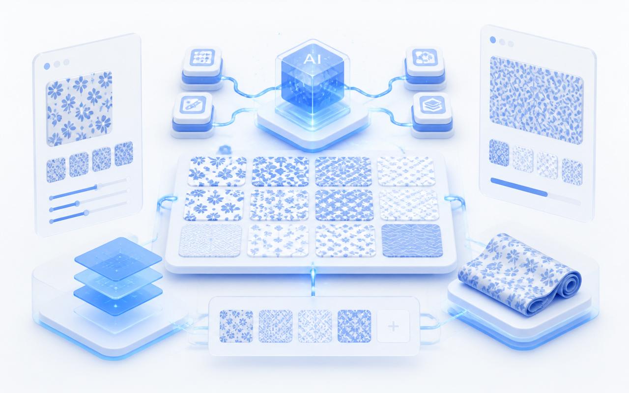 AI Pattern Generator — benefits illustration showing faster, higher-quality, data-driven textile workflows