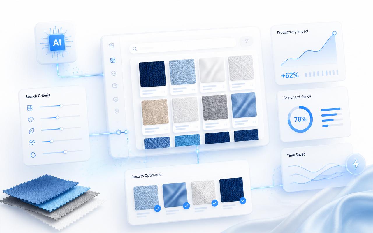 AI Textile Search — benefits illustration showing faster, higher-quality, data-driven textile workflows