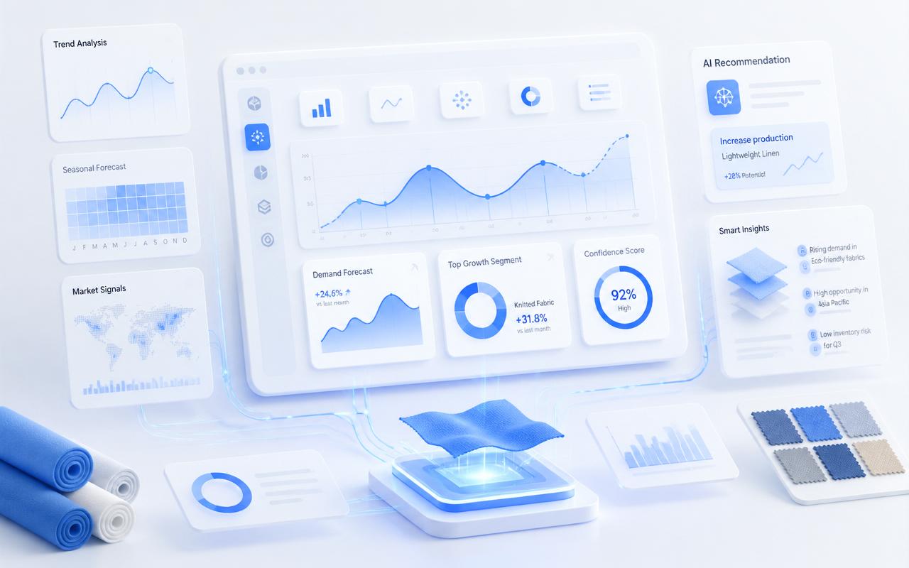 Demand Forecasting — benefits illustration showing faster, higher-quality, data-driven textile workflows