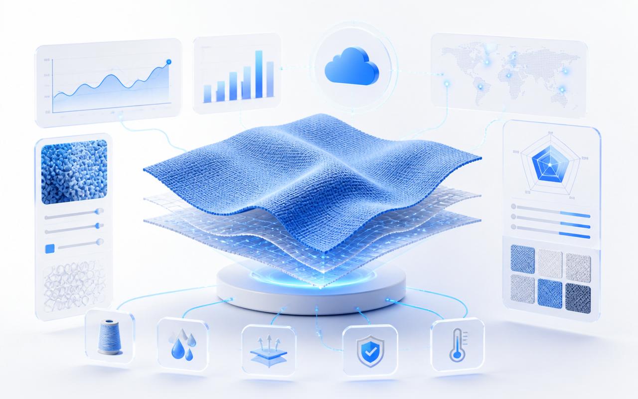 Digital Twin — benefits illustration showing faster, higher-quality, data-driven textile workflows