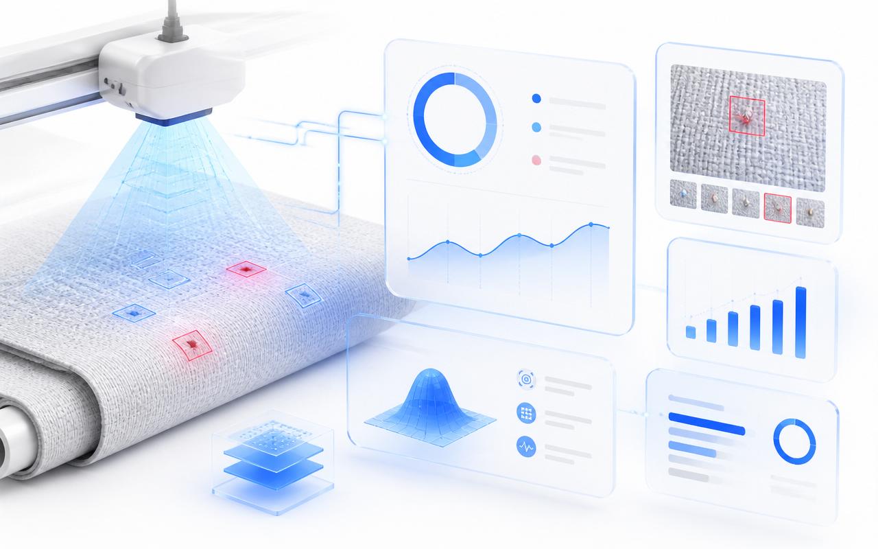 Fabric Quality AI — benefits illustration showing faster, higher-quality, data-driven textile workflows