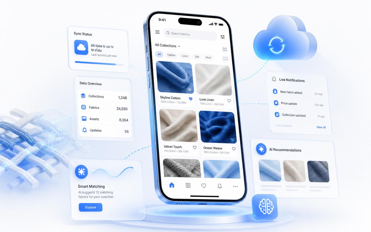 Mobile Application — benefits illustration showing faster, higher-quality, data-driven textile workflows