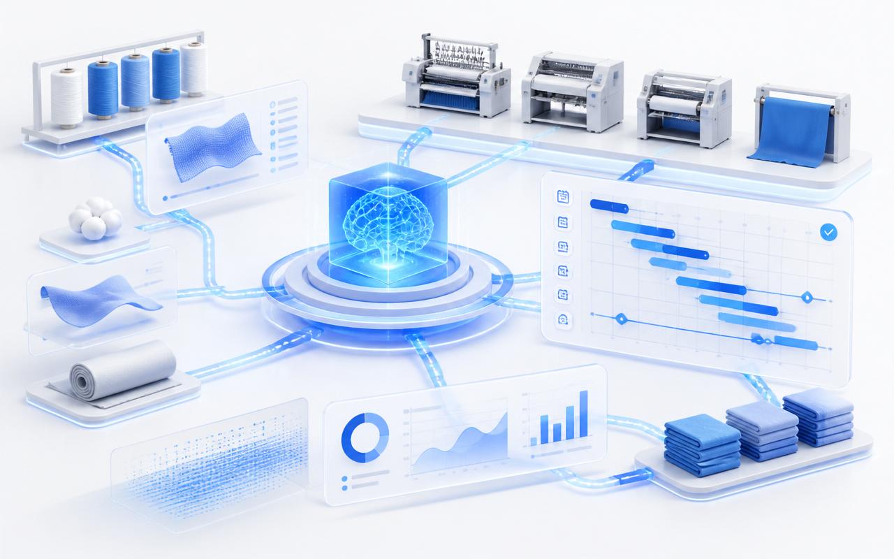 Production Planning — benefits illustration showing faster, higher-quality, data-driven textile workflows