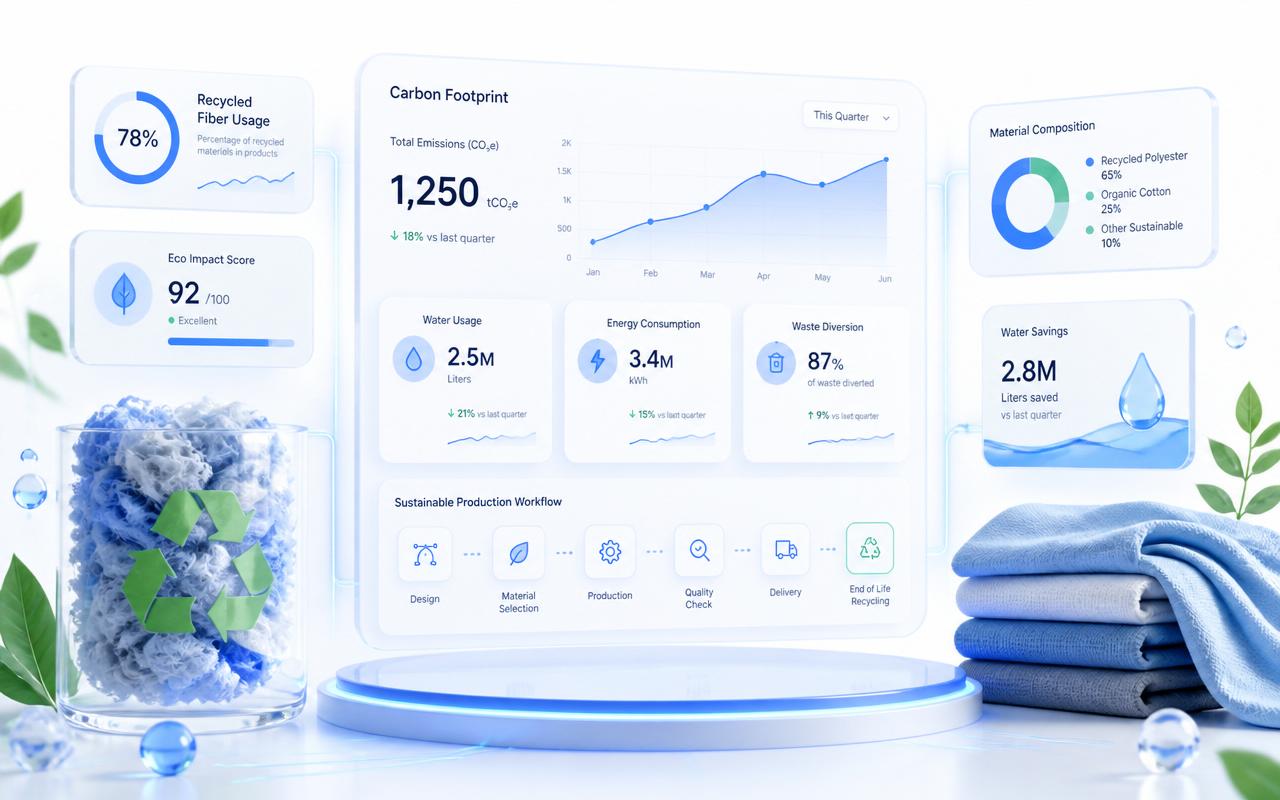Sustainability Analytics — benefits illustration showing faster, higher-quality, data-driven textile workflows