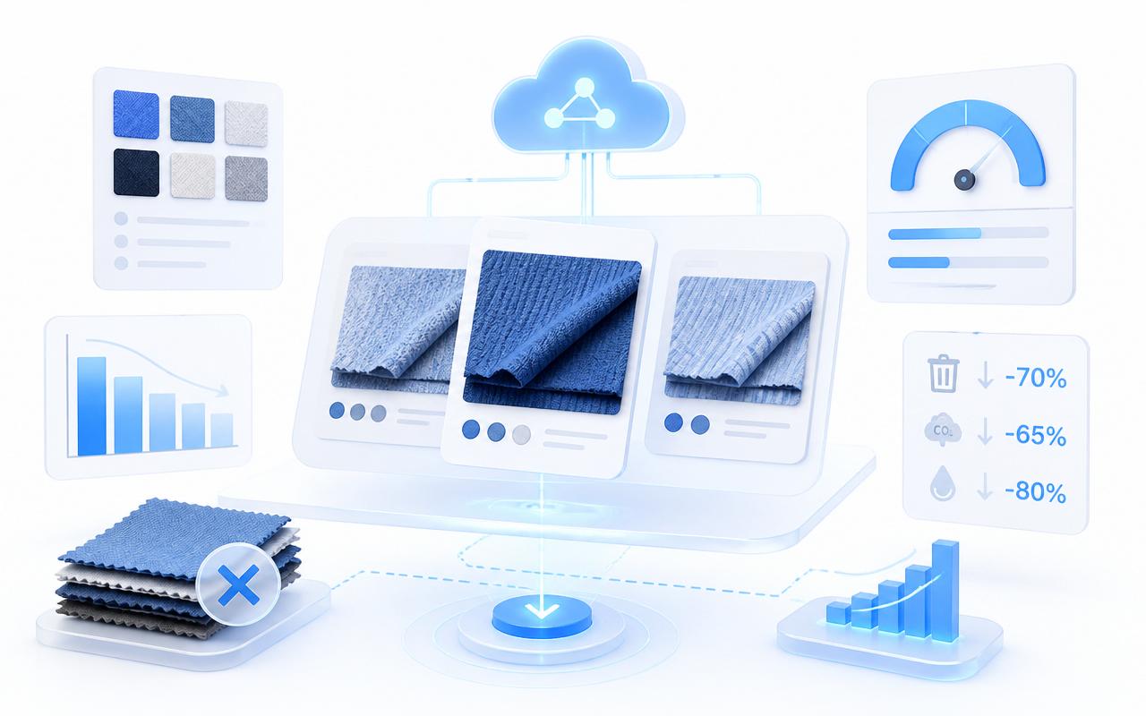 Virtual Sampling — benefits illustration showing faster, higher-quality, data-driven textile workflows