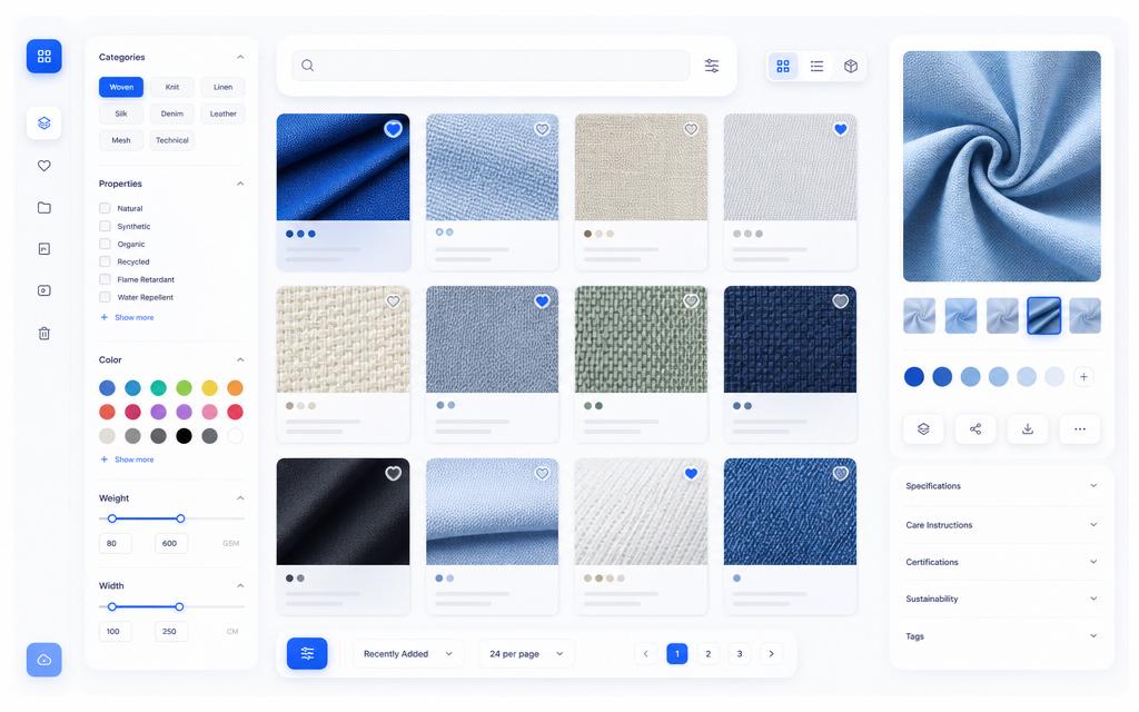 Digital fabric library with searchable swatches and filtering