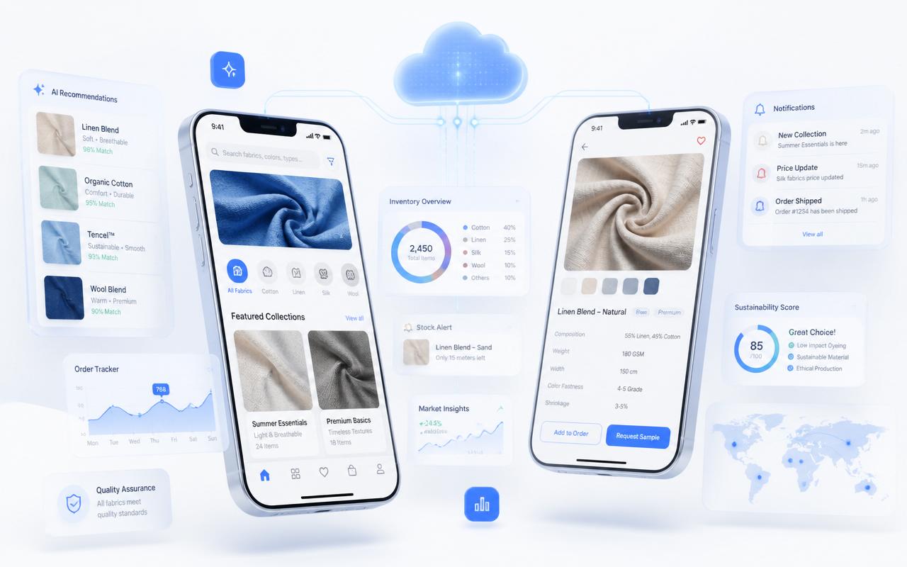 Mobile Application — premium AI textile workspace illustration