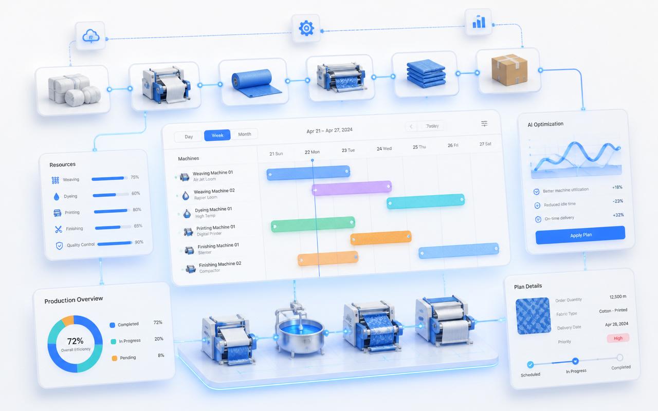 Production Planning — premium AI textile workspace illustration