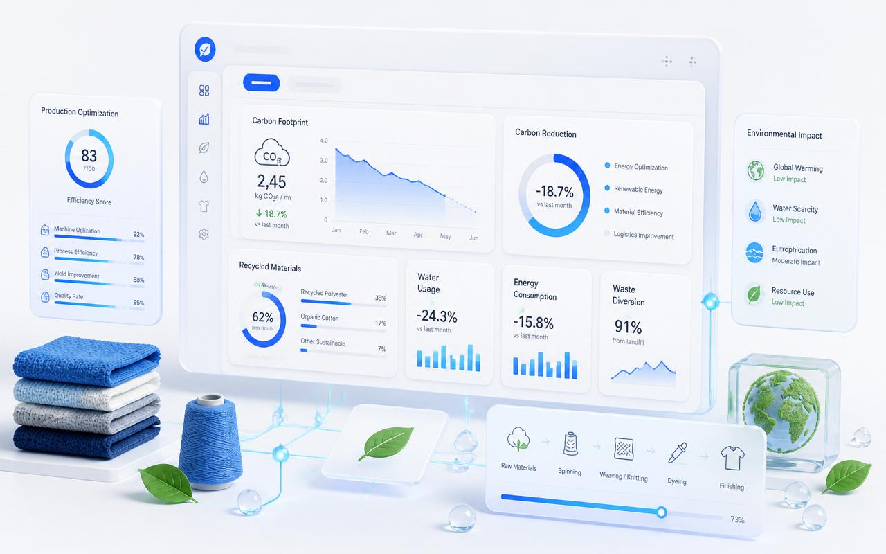Sustainability Analytics — premium AI textile workspace illustration