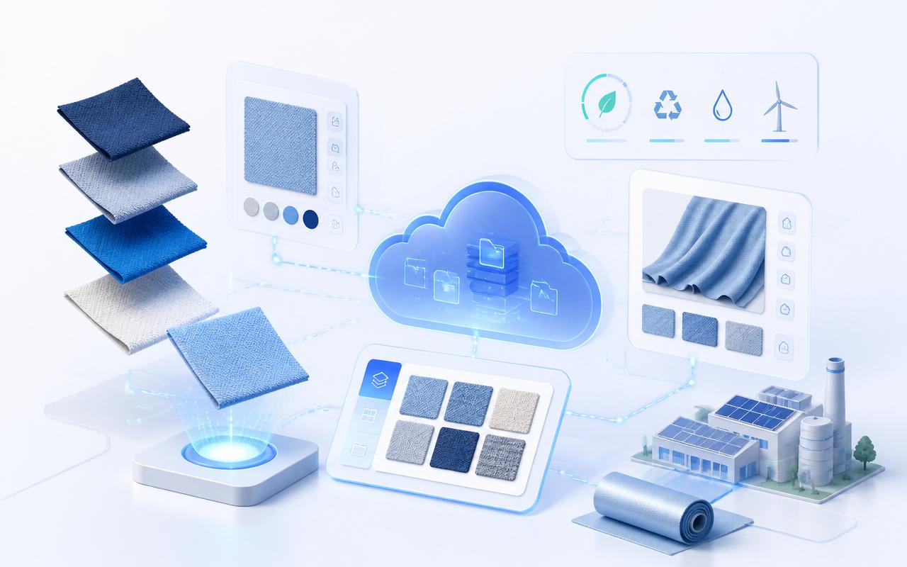 Virtual Sampling — premium AI textile workspace illustration