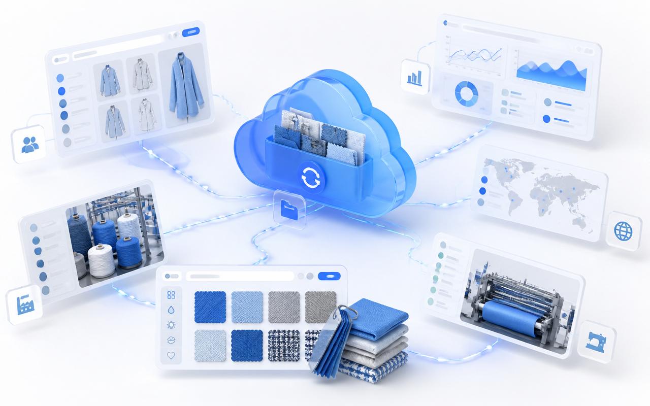Connected cloud workspace with synchronized assets and shared dashboards for every team